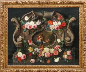 Jan van Kessel I and Jan van Balen, Still life with flowers and butterflies, trompe l'oeil frame and sacred scene, first half of the 17th century